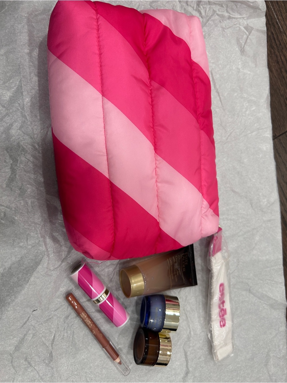 Estee Lauder Pink Striped Cosmetic Bag with Makeup Accessories